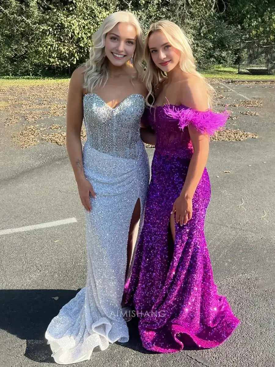 Aimishang Sparkly Sweetheart Strapless Sequins Long Formal Prom Dress With Slit Charming Evening Gown Sexy Party Dress With Beading
