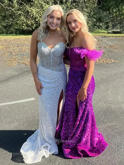 Aimishang Sparkly Sweetheart Strapless Sequins Long Formal Prom Dress With Slit Charming Evening Gown Sexy Party Dress With Beading