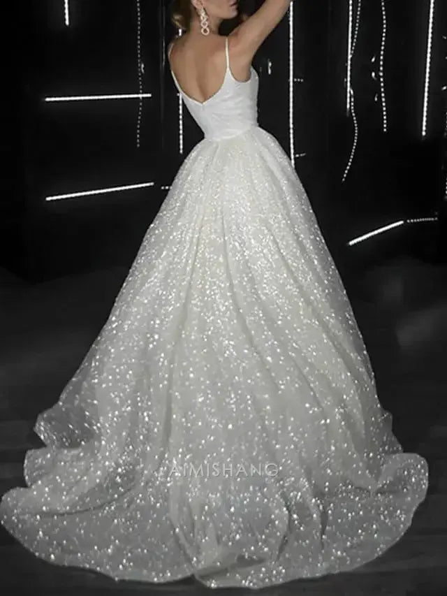 Aimishang Sparkly V-neck Sleeveless Ball Gown Long Wedding Dress Chic Party Evening Gowns Charming Formal Prom Dress