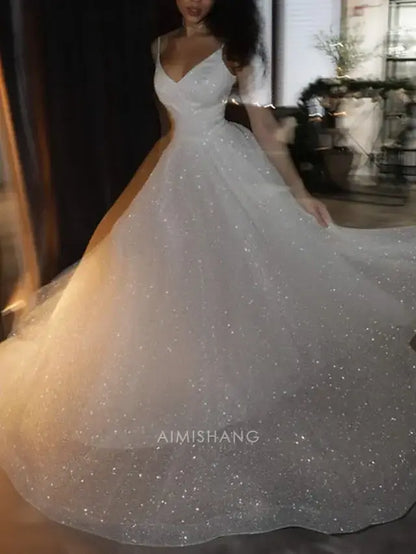Aimishang Sparkly V-neck Sleeveless Ball Gown Long Wedding Dress Chic Party Evening Gowns Charming Formal Prom Dress