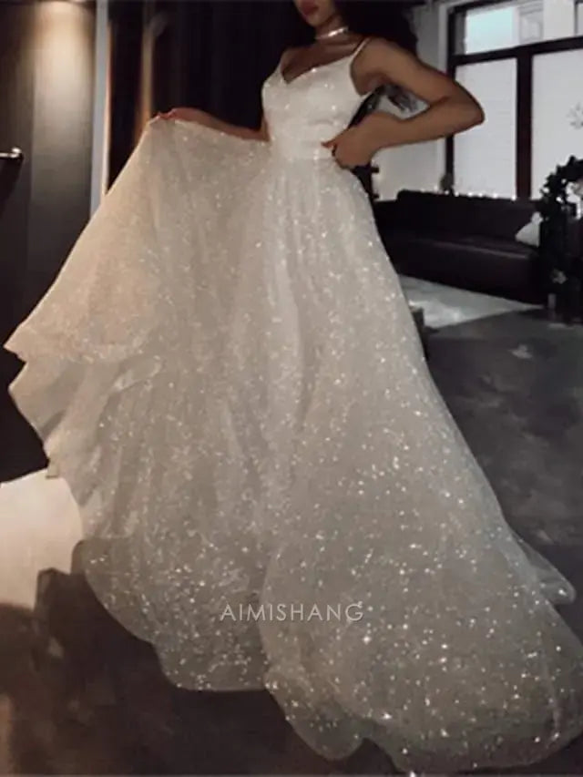 Aimishang Sparkly V-neck Sleeveless Ball Gown Long Wedding Dress Chic Party Evening Gowns Charming Formal Prom Dress