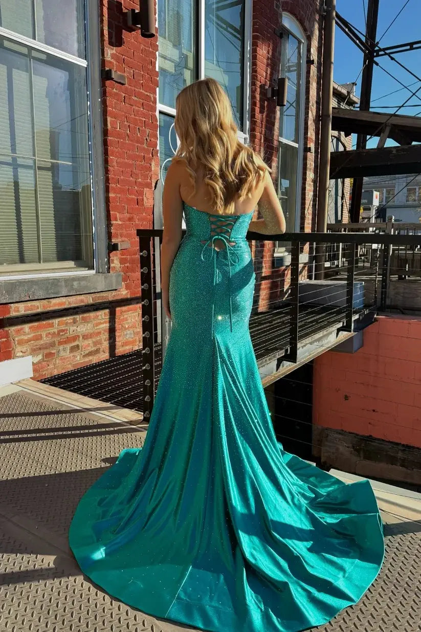 Aimishang Shiny Mermaid Strapless Sleeveless Beaded Cut-out Evening Party Dress Elegant Long Formal Prom Dress With Slit