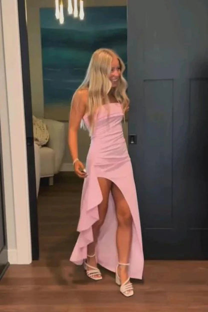 Aimishang Cute Sheath Strapless Sleeveless Ruched Evening Party Dresses Lovely Long Formal Graduation Dress With Slit