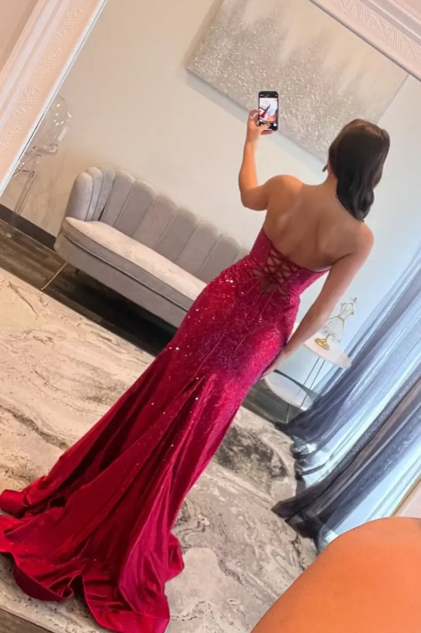 Aimishang Shiny Mermaid Strapless Sleeveless Beaded Cut-out Evening Party Dress Elegant Long Formal Prom Dress With Slit