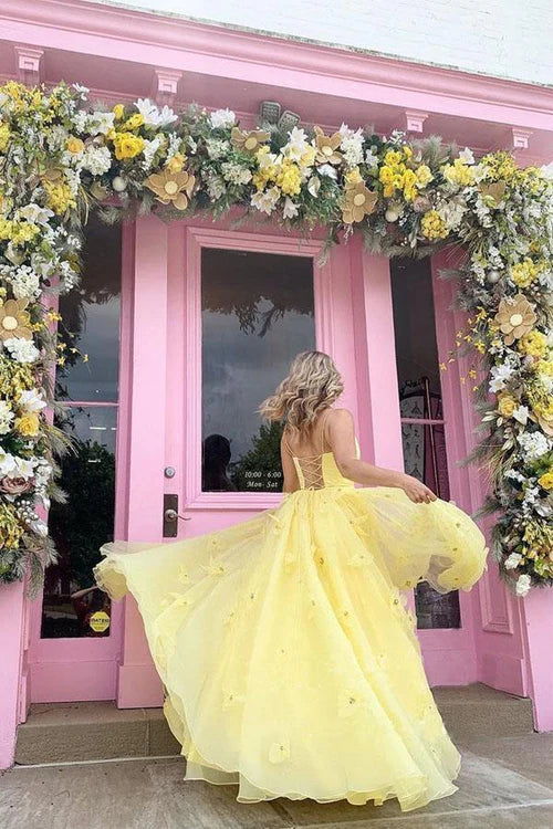 Wholesale Straps Yellow Prom Dress Tulle Bodice 3D Flowers With Back Lace Up Evening Dress