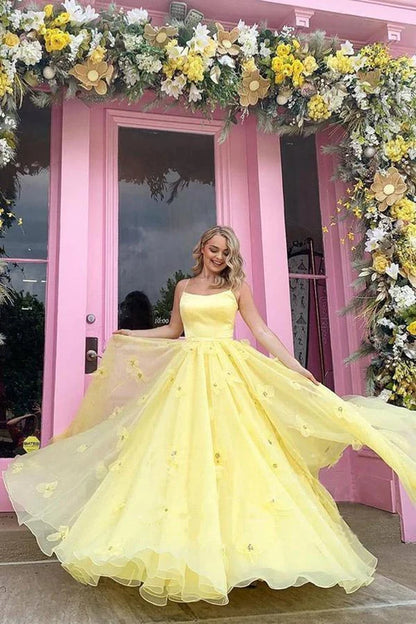 Aimishang Straps Yellow Prom Dress Tulle Bodice 3D Flowers With Back Lace Up Evening Dress