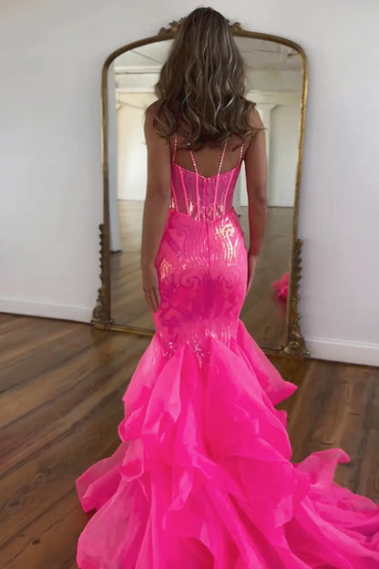 Wholesale Mermaid Prom Dress Stunning Spaghetti Straps Long Glitter With Ruffles