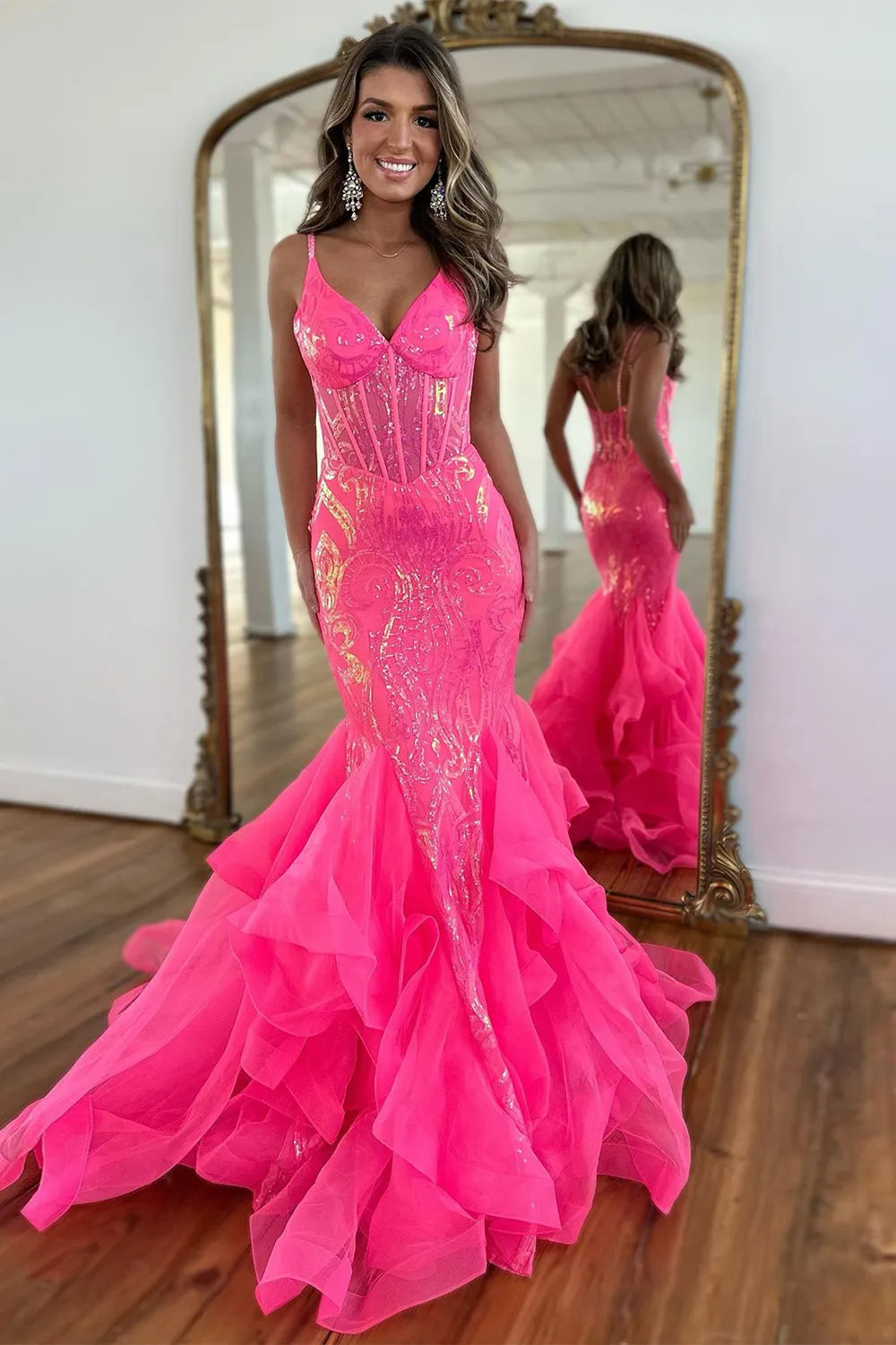 Wholesale Mermaid Prom Dress Stunning Spaghetti Straps Long Glitter With Ruffles