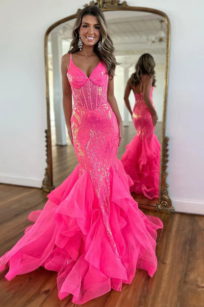 Wholesale Mermaid Prom Dress Stunning Spaghetti Straps Long Glitter With Ruffles