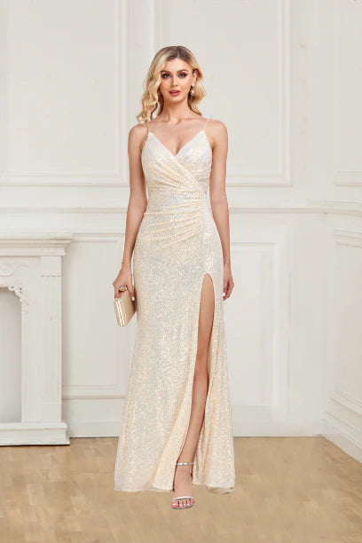 Wholesale Prom Dress Stunning Sheath Spaghetti Straps V Neck Sequin Slit