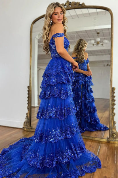 Wholesale Prom Dress A-Line Off The Shoulder Stunning Glitter Tiered With Split