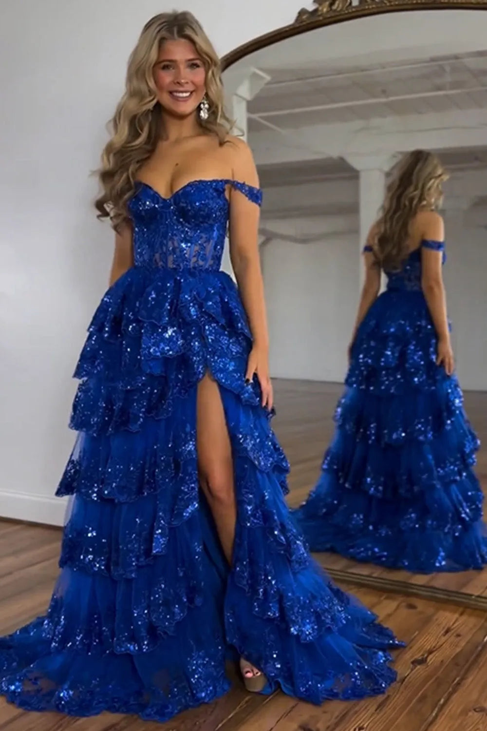 Wholesale Prom Dress A-Line Off The Shoulder Stunning Glitter Tiered With Split