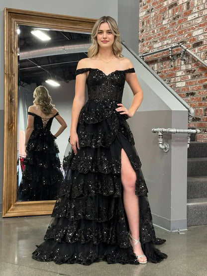 Aimishang Stunning Princess A-Line Off-the-Shoulder Lace Ruffles Long Formal Prom Dress Red Black Sparkly Birthday Party Dress With Slit