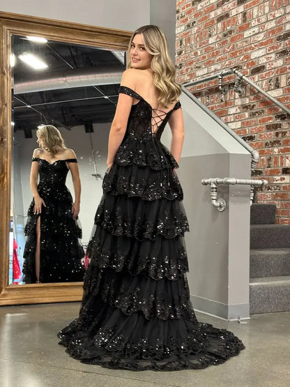 Aimishang Stunning Princess A-Line Off-the-Shoulder Lace Ruffles Long Formal Prom Dress Red Black Sparkly Birthday Party Dress With Slit