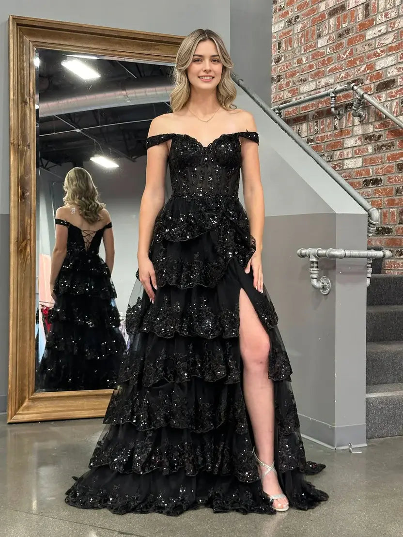 Aimishang Stunning Princess A-Line Off-the-Shoulder Lace Ruffles Long Formal Prom Dress Red Black Sparkly Birthday Party Dress With Slit