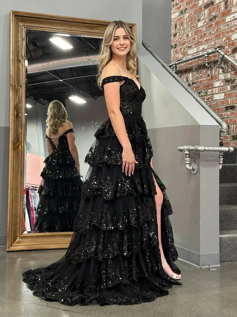 Aimishang Stunning Princess A-Line Off-the-Shoulder Lace Ruffles Long Formal Prom Dress Red Black Sparkly Birthday Party Dress With Slit