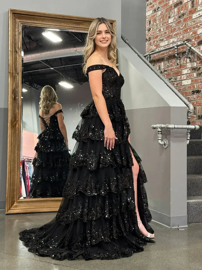 Aimishang Stunning Princess A-Line Off-the-Shoulder Lace Ruffles Long Formal Prom Dress Red Black Sparkly Birthday Party Dress With Slit
