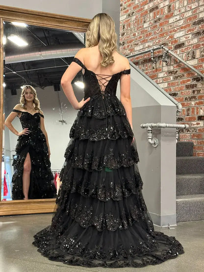 Aimishang Stunning Princess A-Line Off-the-Shoulder Lace Ruffles Long Formal Prom Dress Red Black Sparkly Birthday Party Dress With Slit