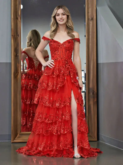 Aimishang Stunning Princess A-Line Off-the-Shoulder Lace Ruffles Long Formal Prom Dress Red Black Sparkly Birthday Party Dress With Slit