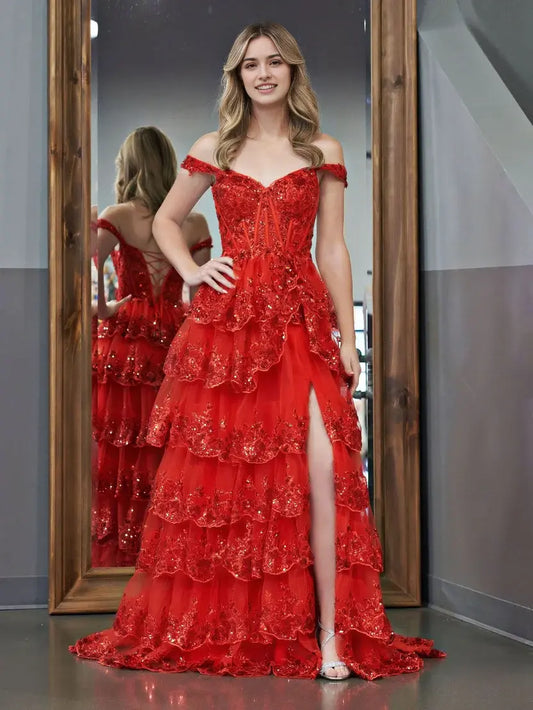 Aimishang Stunning Princess A-Line Off-the-Shoulder Lace Ruffles Long Formal Prom Dress Red Black Sparkly Birthday Party Dress With Slit