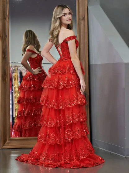 Aimishang Stunning Princess A-Line Off-the-Shoulder Lace Ruffles Long Formal Prom Dress Red Black Sparkly Birthday Party Dress With Slit