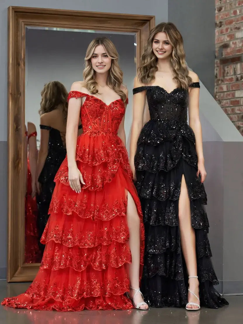 Aimishang Stunning Princess A-Line Off-the-Shoulder Lace Ruffles Long Formal Prom Dress Red Black Sparkly Birthday Party Dress With Slit