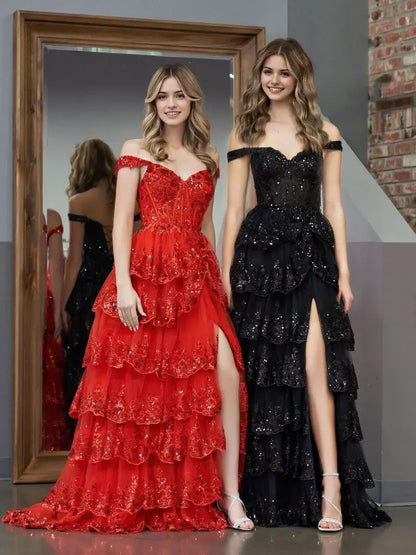 Aimishang Stunning Princess A-Line Off-the-Shoulder Lace Ruffles Long Formal Prom Dress Red Black Sparkly Birthday Party Dress With Slit