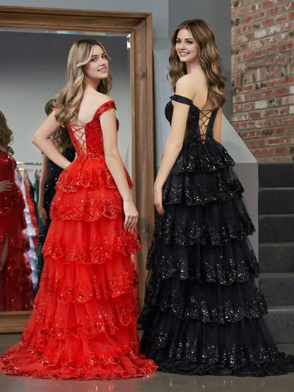 Aimishang Stunning Princess A-Line Off-the-Shoulder Lace Ruffles Long Formal Prom Dress Red Black Sparkly Birthday Party Dress With Slit
