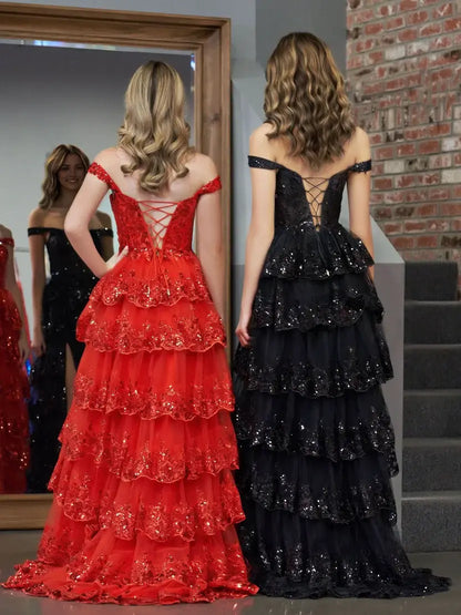 Aimishang Stunning Princess A-Line Off-the-Shoulder Lace Ruffles Long Formal Prom Dress Red Black Sparkly Birthday Party Dress With Slit