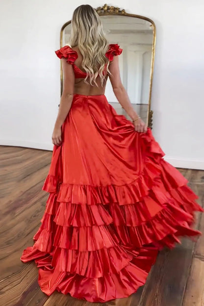 Wholesale Prom Dress Stylish Red A-Line V-Neck Cutout Waist Long Tiered With Split