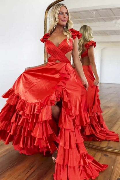 Wholesale Prom Dress Stylish Red A-Line V-Neck Cutout Waist Long Tiered With Split