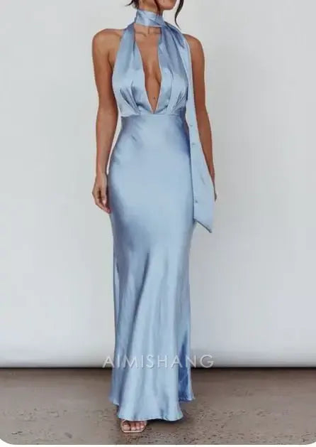 Aimishang Stylish Blue Deep V-neck Halter Satin Long Formal Prom Dress Elegant Wedding Guest Dress Fashion Party Evening Gowns