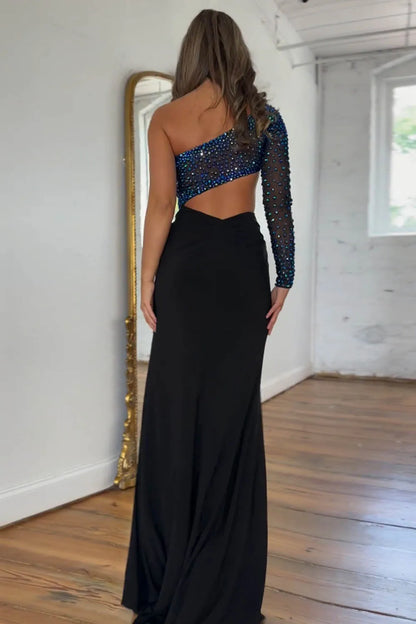 Wholesale Prom Dress One Shoulder Long Sleeves Cutout Waist Beaded With Split