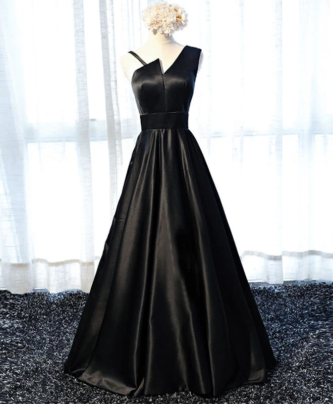 Aimishang Stylish A Line Sleeveless Black Satin Party Evening Gown Elegant Long Formal Prom Dress