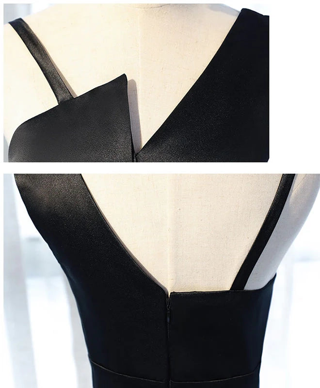 Aimishang Stylish A Line Sleeveless Black Satin Party Evening Gown Elegant Long Formal Prom Dress