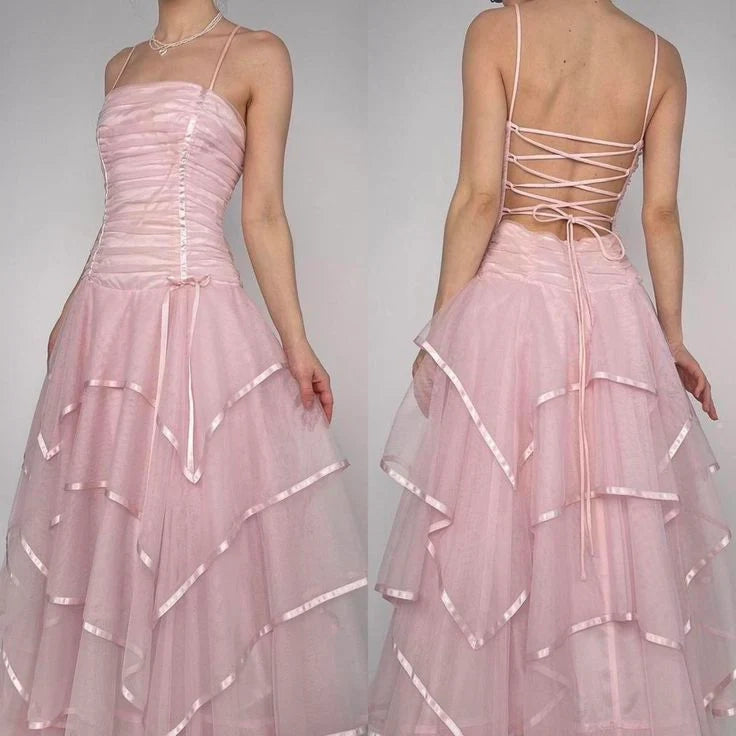 Aimishang Stylish A Line Spaghetti Straps Sleeveless Layered Long Formal Prom Dress