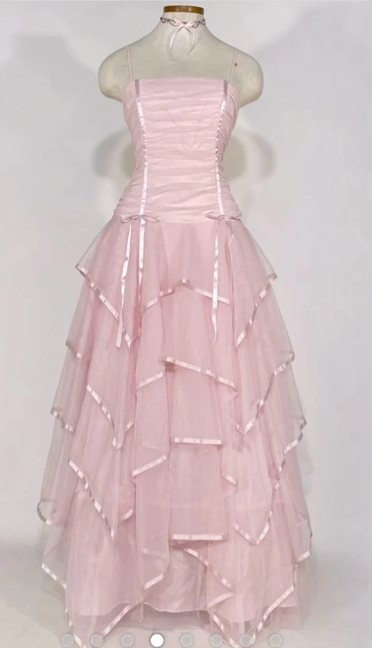 Aimishang Stylish A Line Spaghetti Straps Sleeveless Layered Long Formal Prom Dress