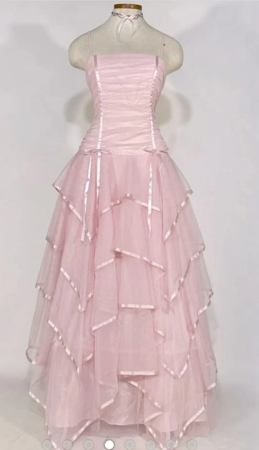 Aimishang Stylish A Line Spaghetti Straps Sleeveless Layered Long Formal Prom Dress