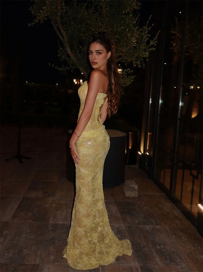 Aimishang Stylish Mermaid Strapless Sleeveless Lace Long Formal Prom Dress Fashion Party Evening Gown with Split