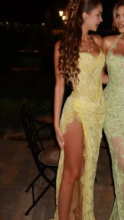 Aimishang Stylish Mermaid Strapless Sleeveless Lace Long Formal Prom Dress Fashion Party Evening Gown with Split