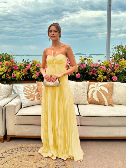 Aimishang Stylish Strapless A Line Sleeveless Pleated Long Party Evening Gown Charming Wedding Guest Dresses