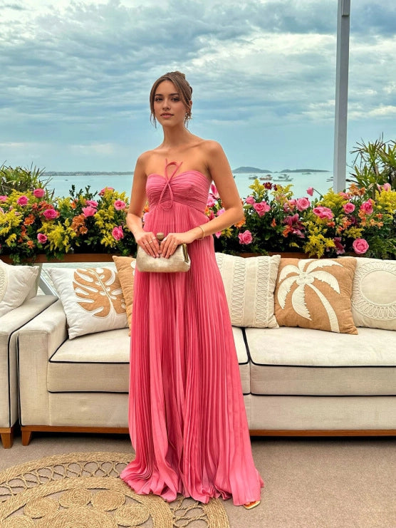 Aimishang Stylish Strapless A Line Sleeveless Pleated Long Party Evening Gown Charming Wedding Guest Dresses