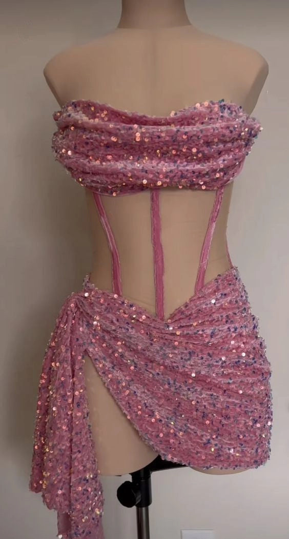 Aimishang Stylish Strapless Sheath Sleeveless Sequins Short Graduation Party Dress Sexy Homecoming Dresses