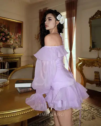 Aimishang Sweet A Line Halter Long Sleeves Homecoming Dress Lovely Birthday Party Dress Short Summer Holiday Mini Dress