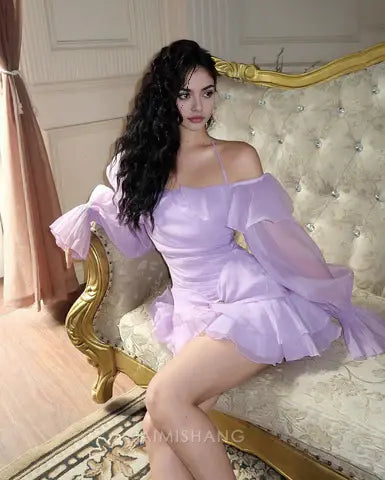 Aimishang Sweet A Line Halter Long Sleeves Homecoming Dress Lovely Birthday Party Dress Short Summer Holiday Mini Dress