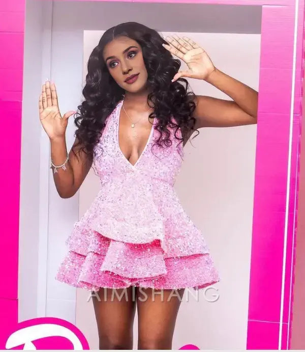 Aimishang Sweet A Line Halter V Neck Sequin Homecoming Dress Sparkly Birthday Party Dress Lovely Short Prom Dress