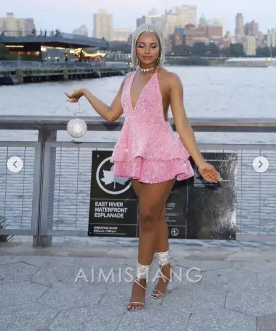 Aimishang Sweet A Line Halter V Neck Sequin Homecoming Dress Sparkly Birthday Party Dress Lovely Short Prom Dress