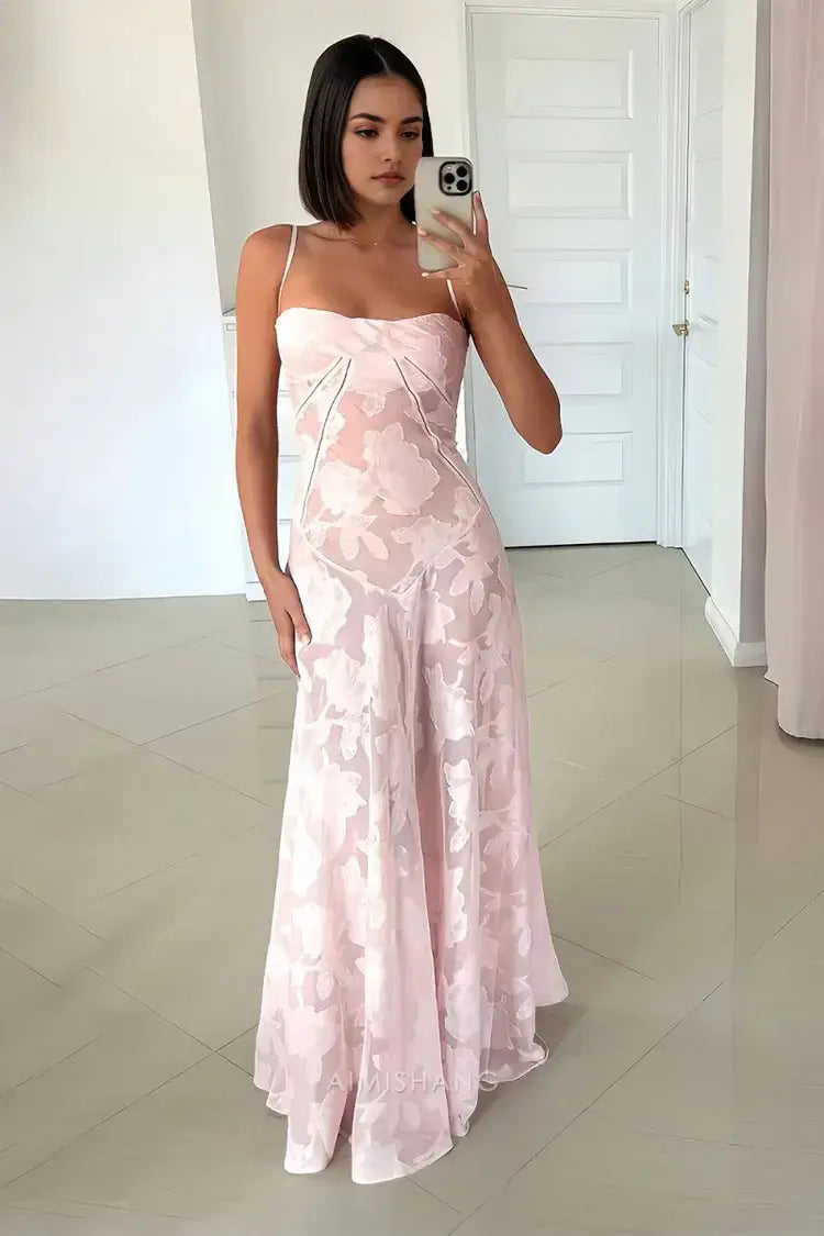 Aimishang Sweet A Line Spaghetti Straps Floral Maxi Dress Sleeveless Lovely Graduation Dress Long Formal Prom Dress Elegant Party Evening Gowns