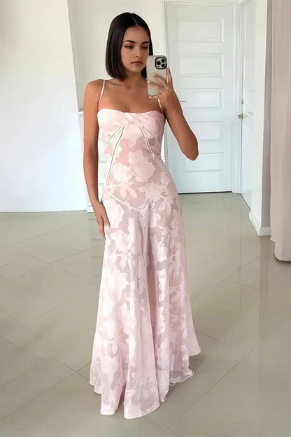 Aimishang Sweet A Line Spaghetti Straps Floral Maxi Dress Sleeveless Lovely Graduation Dress Long Formal Prom Dress Elegant Party Evening Gowns