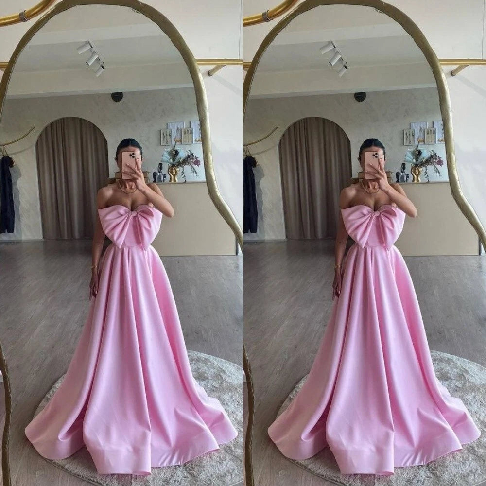 Aimishang Sweet A Line Strapless Satin Long Prom Dress With Bow Lovely Evening Dress Cute Birthday Party Outfit